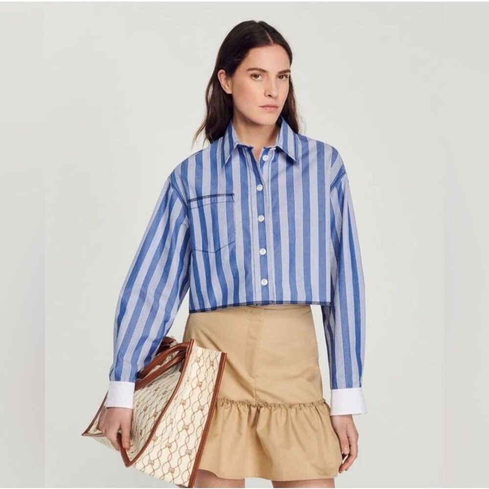 Women Sandro sz 4 Cropped Collared Striped Long Sleeve Blouse SHIRT Top
